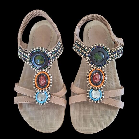 Siketu STONE-EMBELLISHED Flat Sandal Beaded Boho T-strap size US 7 EU 38 - Picture 2 of 9